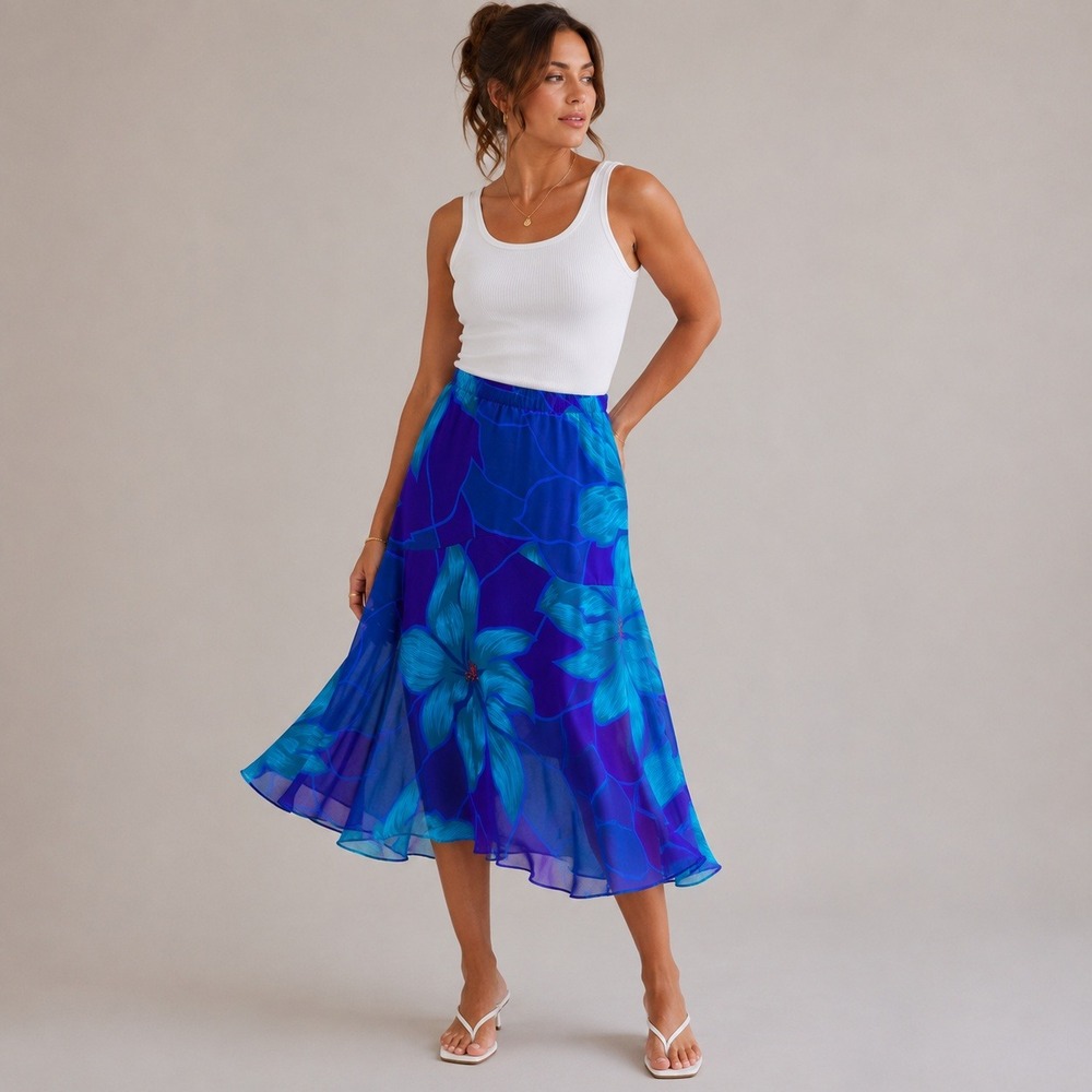Vintage Blue Green Floral Midi Skirt Elastic Waist Flared Turquoise Purple 10